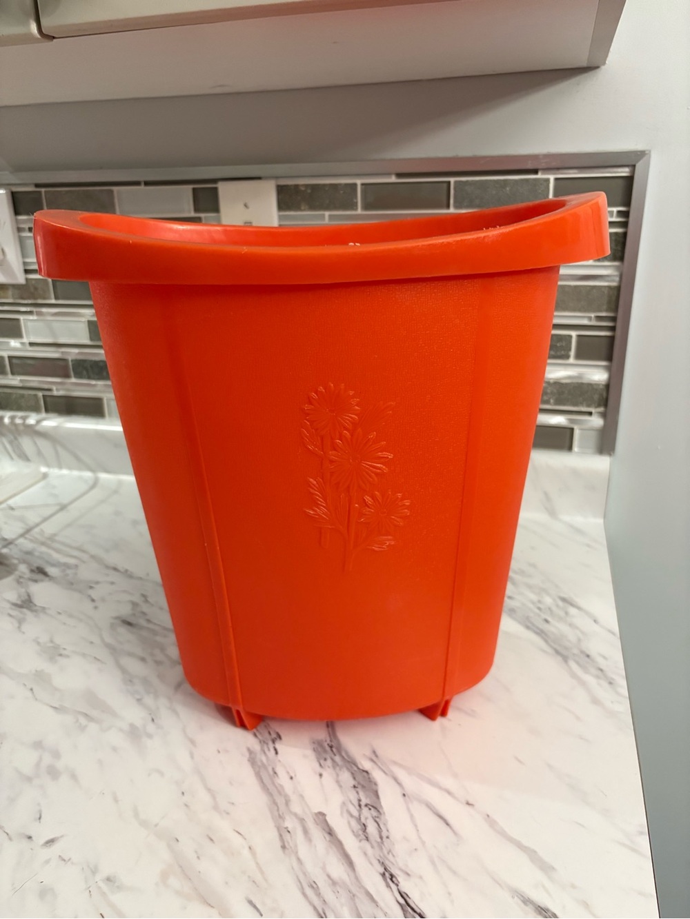 Vintage trash can mod orange floral design garbage can waist paper basket
